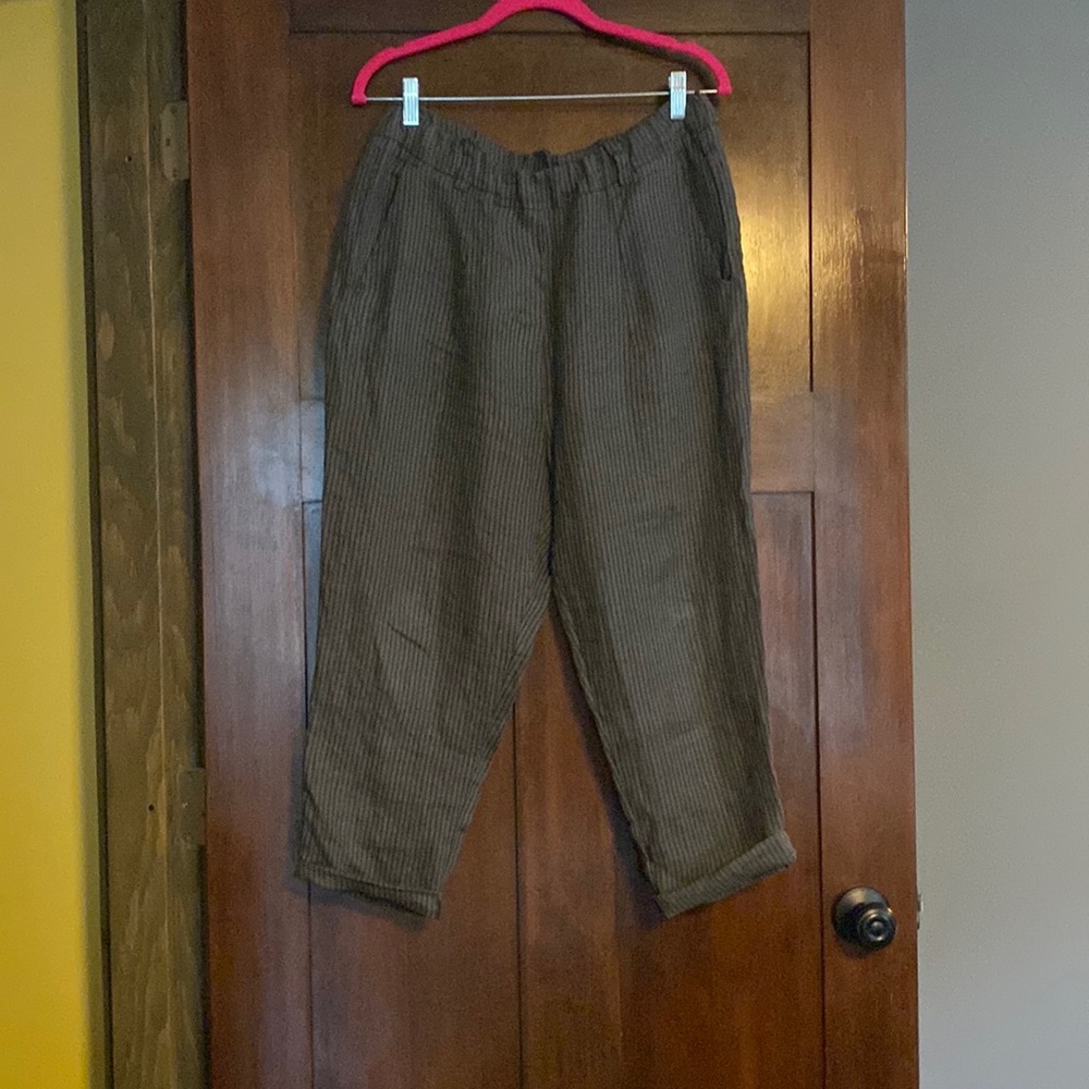 Paper bag style linen pants with elastic waist, pinstripe, by Nina loca.